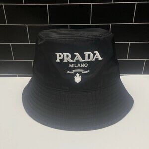 PRADA Black Drill Bucket Hat Milano Logo Embroidered